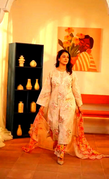Ivory Floral Embroidered Kurta Set with Printed Silk Chiffon Dupatta