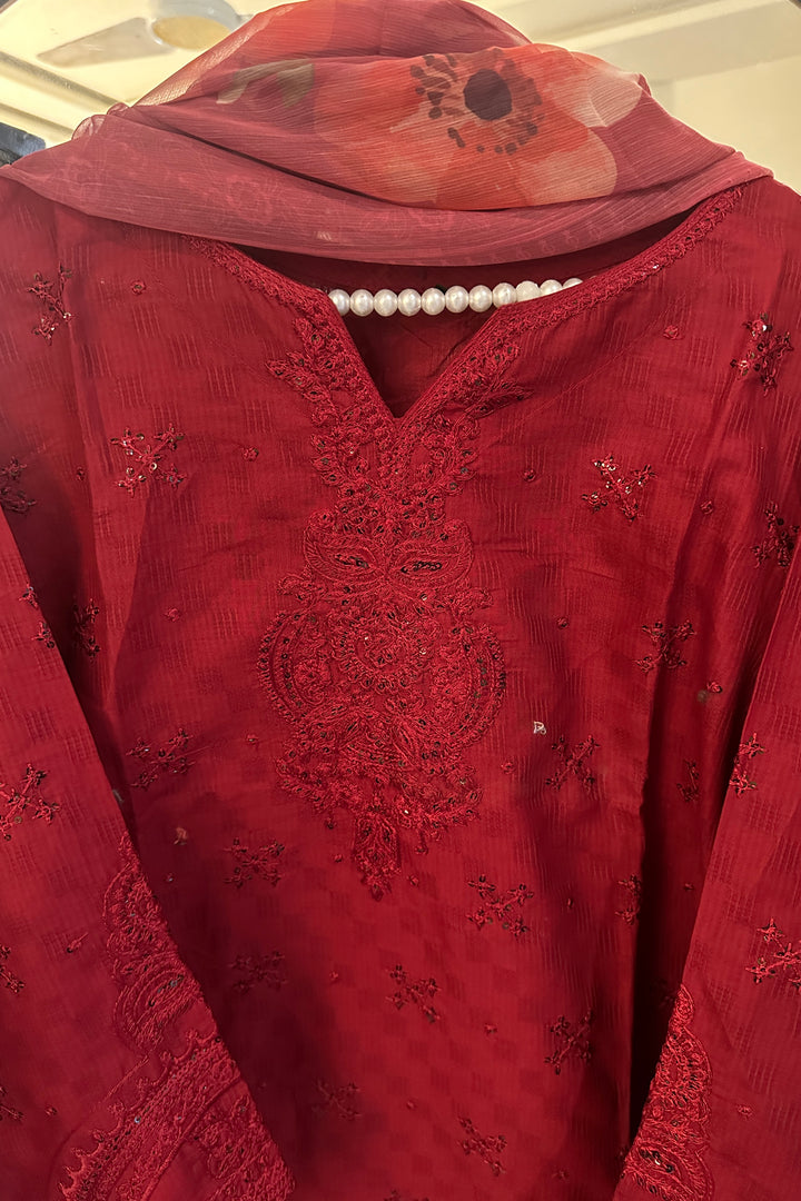Crimson maroon Embroidered  with Farshi Shalwar & Chiffon Dupatta