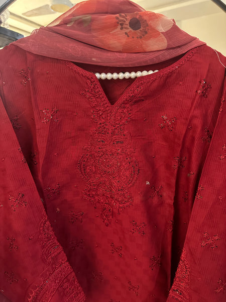 Crimson maroon Embroidered  with Farshi Shalwar & Chiffon Dupatta