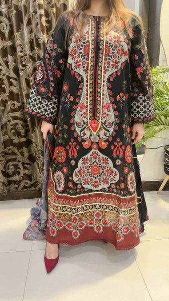 Elegant Black Printed Lawn 3-Piece with Gotta Work & Monark Dupatta