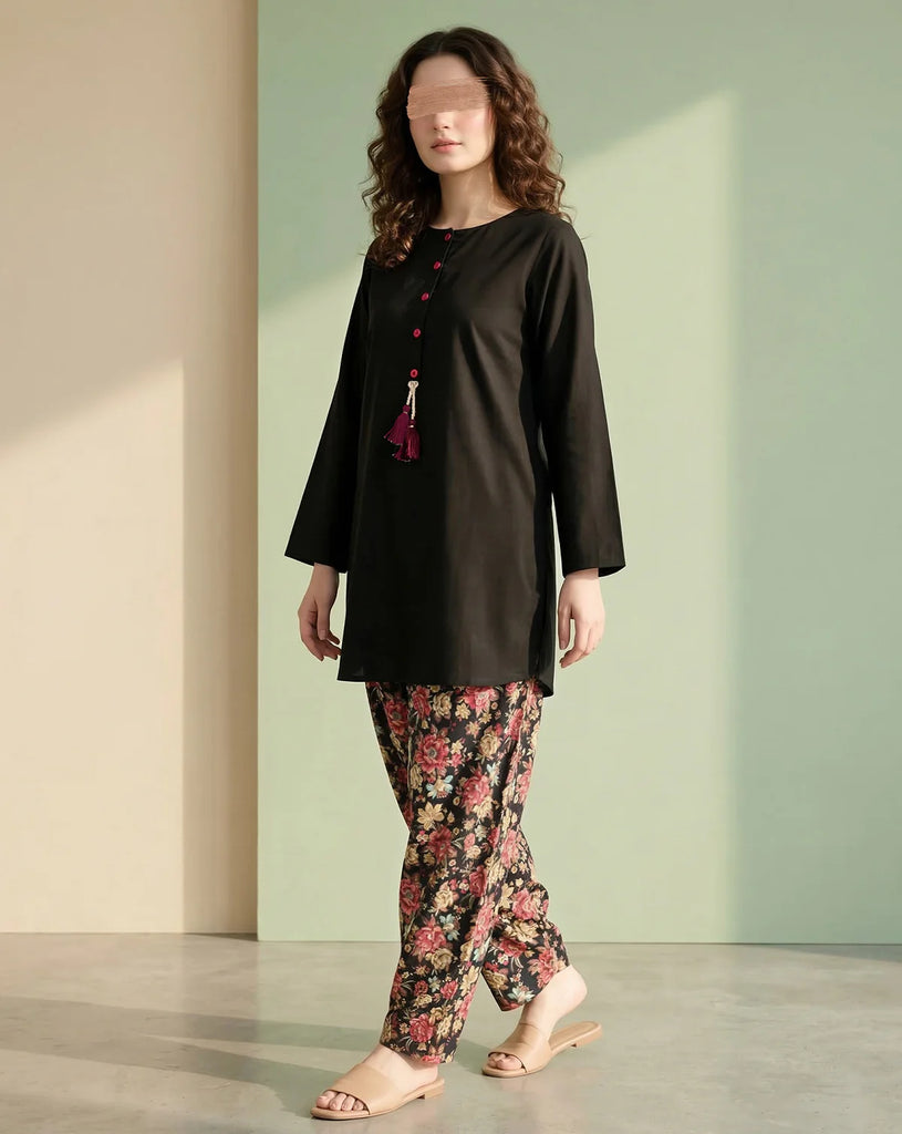Black Solid Kurti with Floral Printed Trouser – 2 Piece Pret Suit