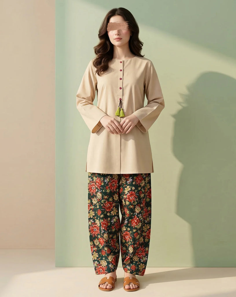 Skin Beige Solid Kurti with Floral Printed Trouser – 2 Piece Pret Suit