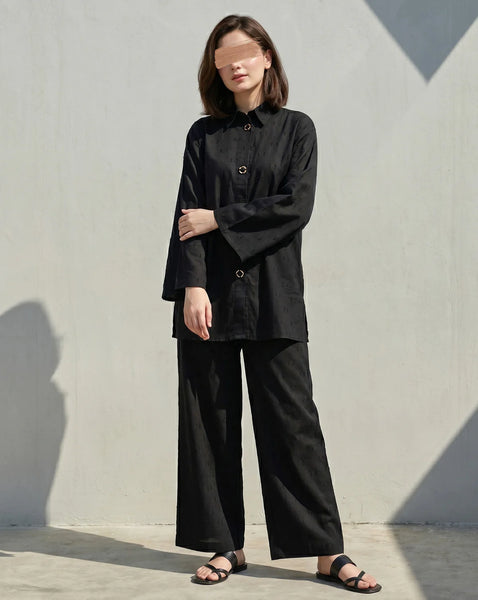 Midnight Noir Co-Ord Set – 2 Piece Black Shirt & Wide Leg Trouser