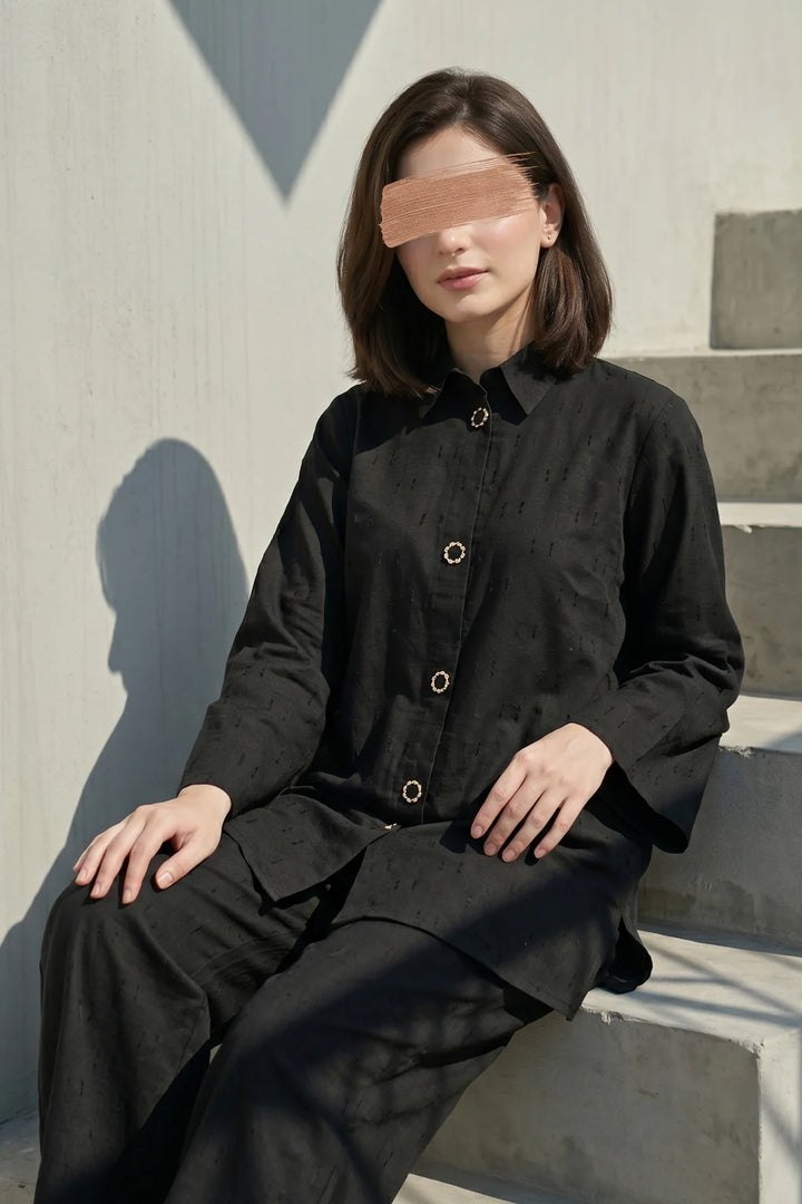 Midnight Noir Co-Ord Set – 2 Piece Black Shirt & Wide Leg Trouser