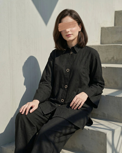 Midnight Noir Co-Ord Set – 2 Piece Black Shirt & Wide Leg Trouser