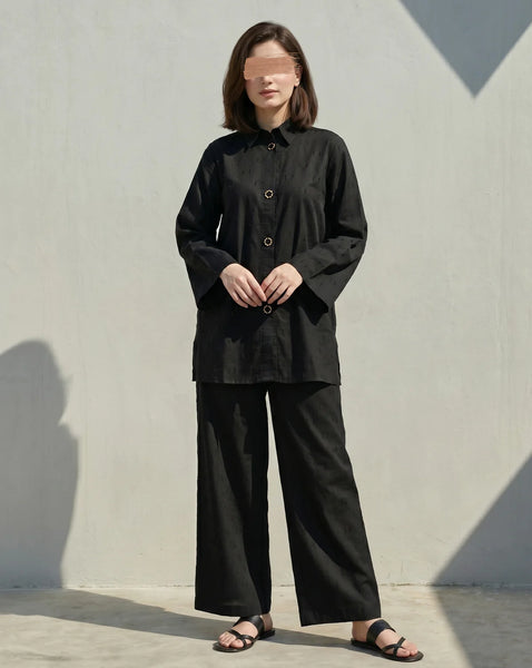 Midnight Noir Co-Ord Set – 2 Piece Black Shirt & Wide Leg Trouser