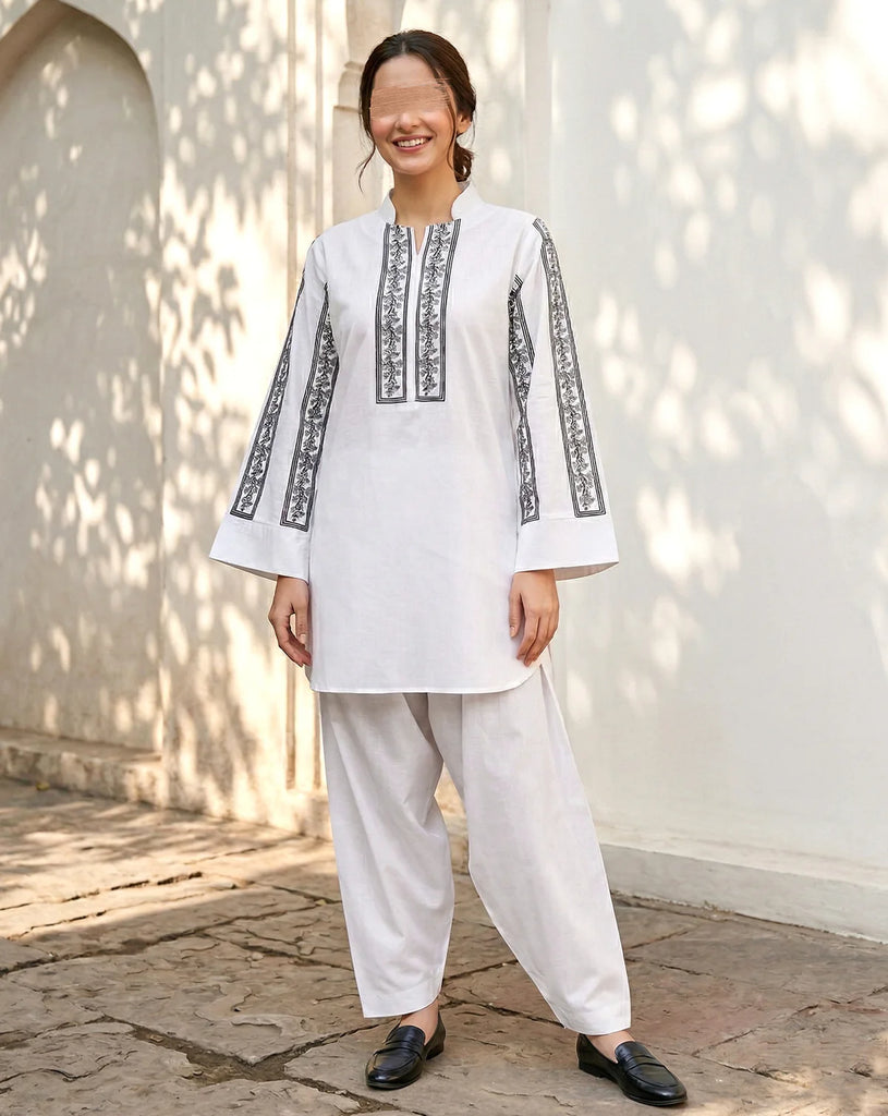 White Embroidered Lawn Co-Ord Set – 2 Piece Women’s Casual Suit