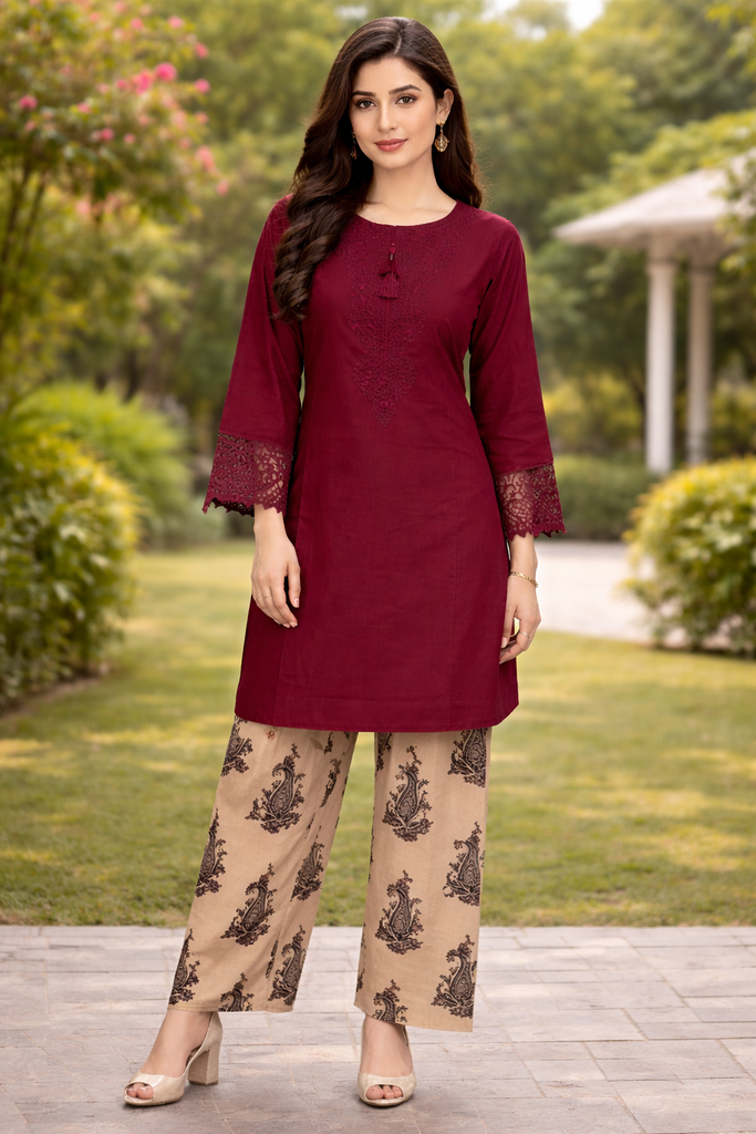 Maroon Elegance Embroidered 2-Piece Suit