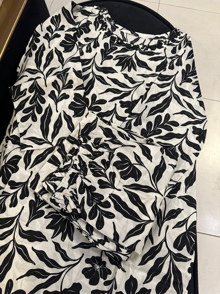Midnight Botanical Co-Ord Set – Black & White Printed 2 Piece