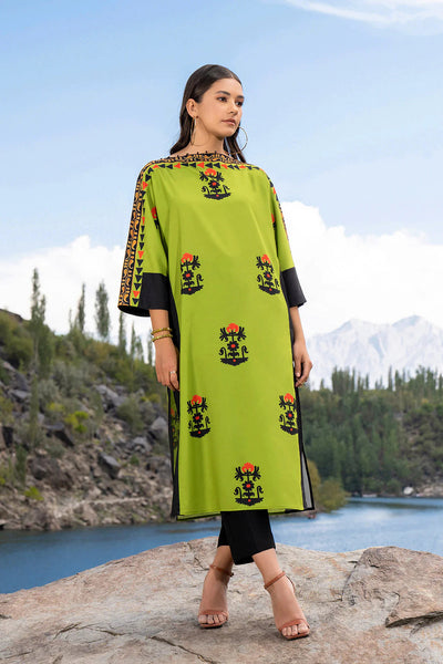 Vibrant Lime Green Digital Printed Long Shirt with Black Trousers