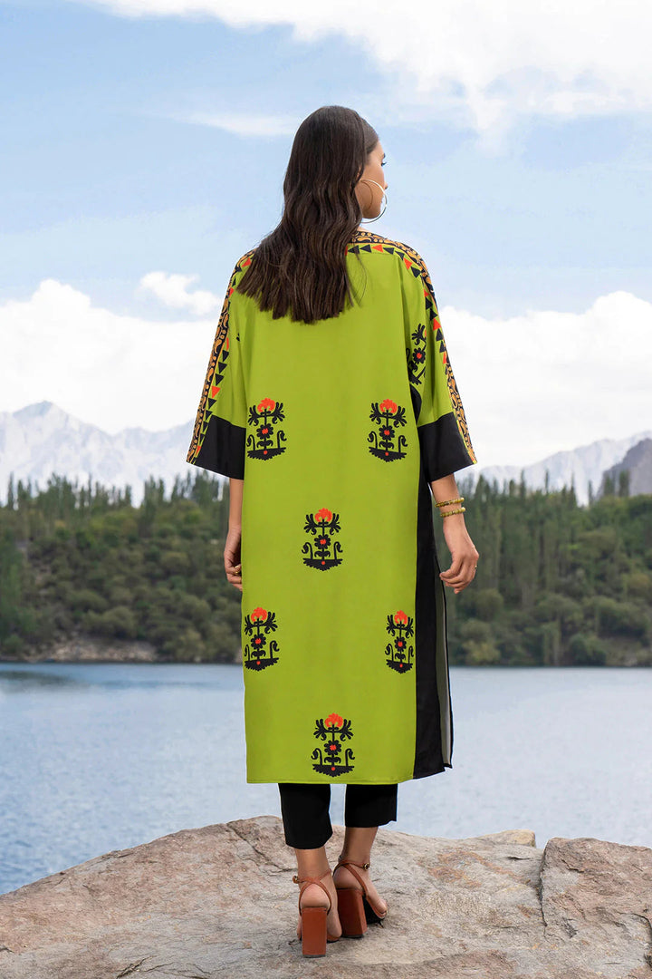 Vibrant Lime Green Digital Printed Long Shirt with Black Trousers