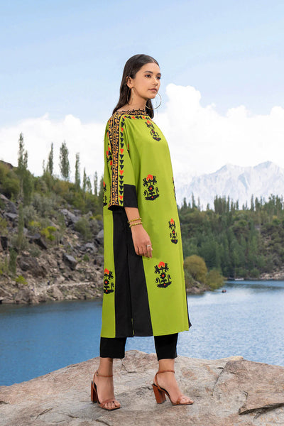 Vibrant Lime Green Digital Printed Long Shirt with Black Trousers