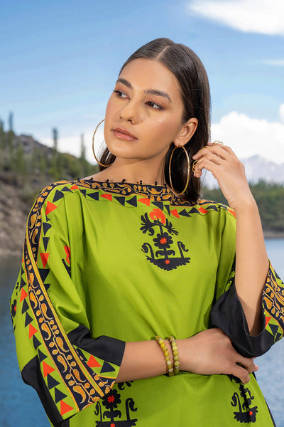 Vibrant Lime Green Digital Printed Long Shirt with Black Trousers