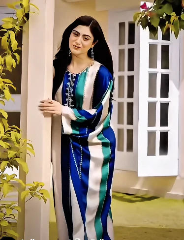 Royal Sapphire Striped Kaftan – Premium 2 Piece