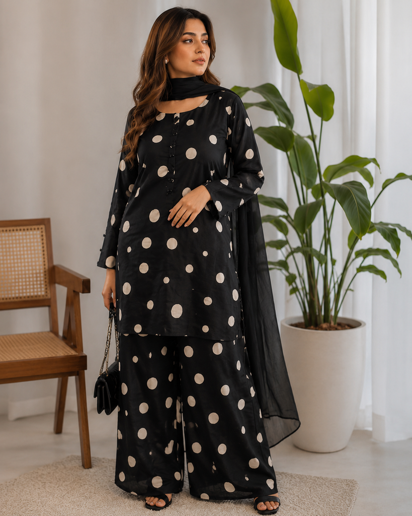 Midnight Polka 2-Piece Lawn Suit – Black & White Printed Co-Ord