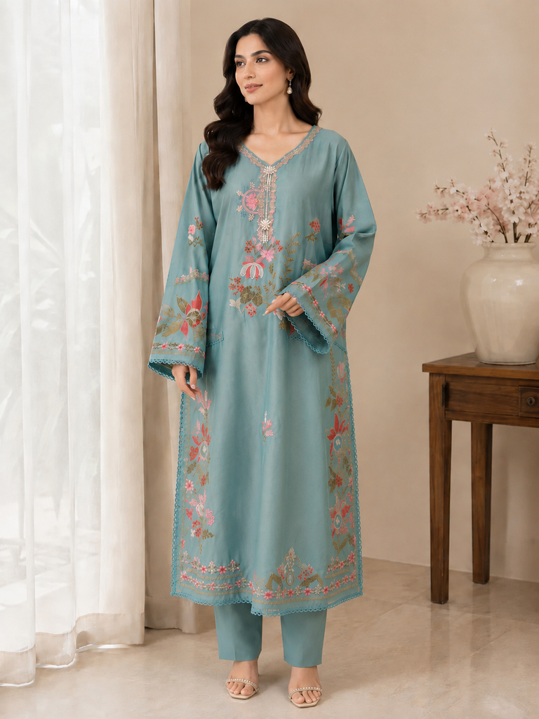 Elegant Embroidered Kaftaan 2 Piece – Premium Lawn with Plain Trouser | Aqua Blue