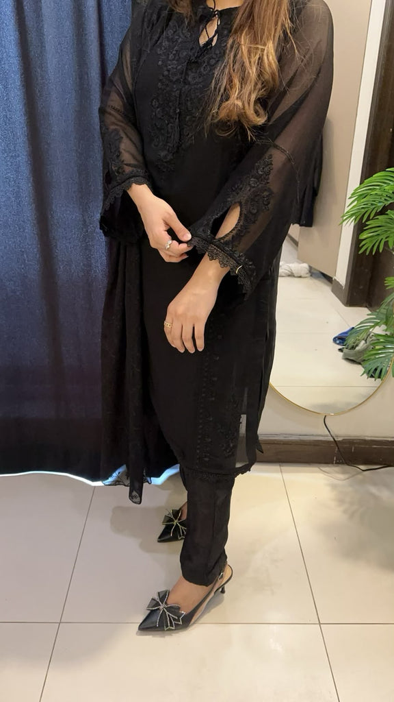 Midnight Noir Embroidered 3-Piece Chiffon Suit – Elegant Black Formal Wear