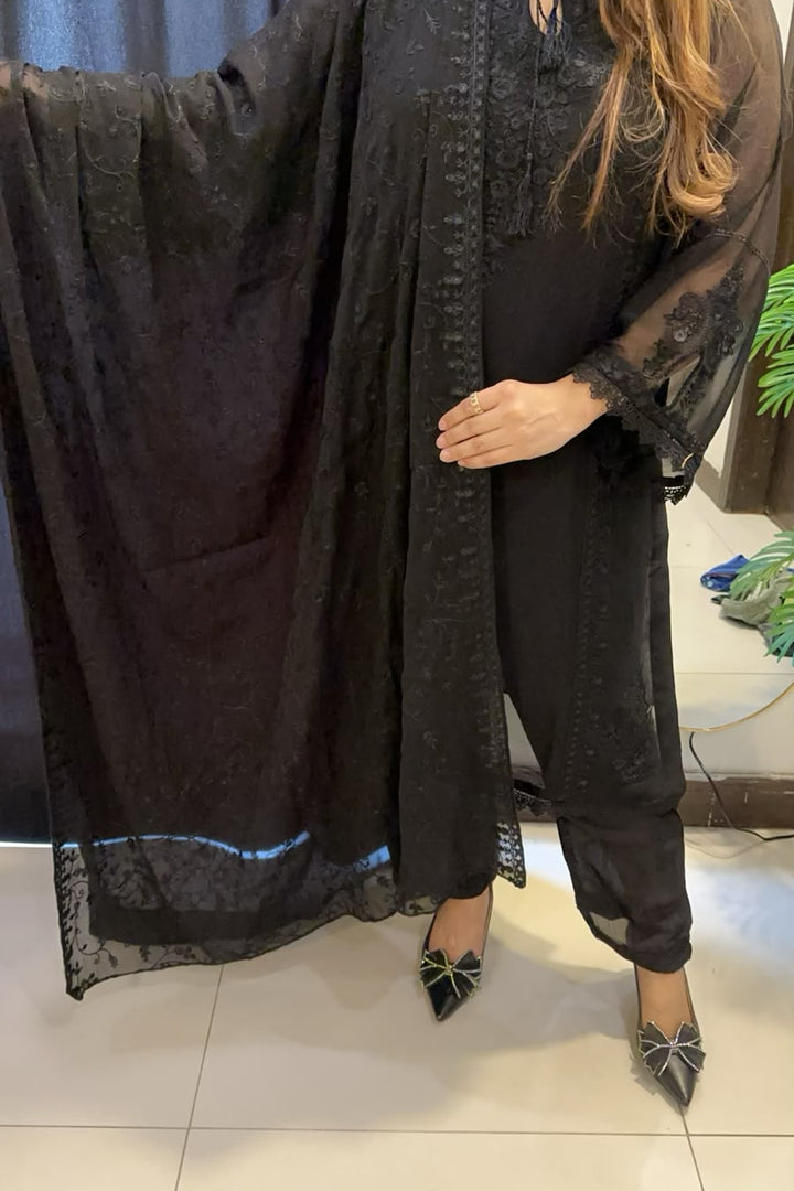Midnight Noir Embroidered 3-Piece Chiffon Suit – Elegant Black Formal Wear