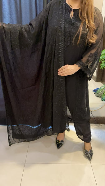 Midnight Noir Embroidered 3-Piece Chiffon Suit – Elegant Black Formal Wear