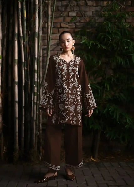 Premium Chocolate Brown Embroidered Lawn 2-Piece Kurta Set