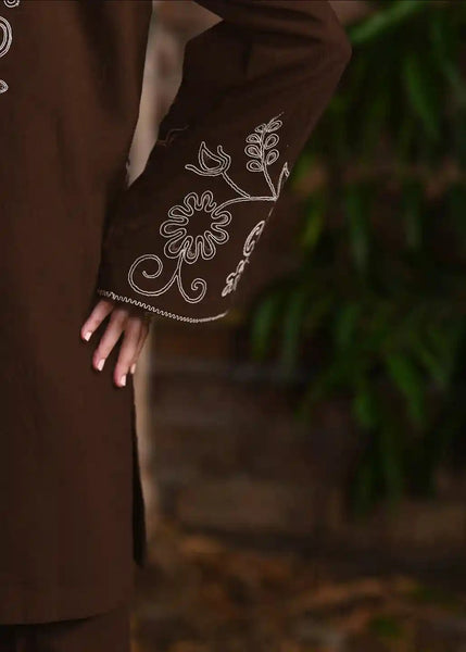 Premium Chocolate Brown Embroidered Lawn 2-Piece Kurta Set