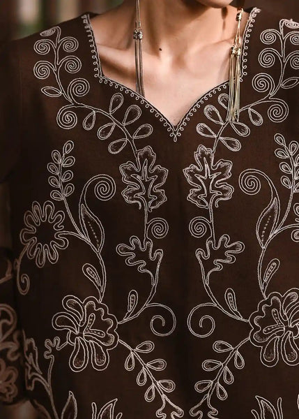 Premium Chocolate Brown Embroidered Lawn 2-Piece Kurta Set
