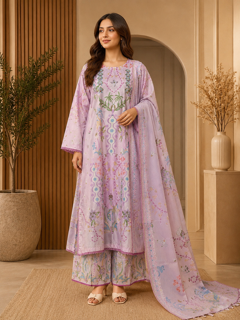 Pastel Lilac Printed Lawn 3 Piece Suit with Matching Dupatta
