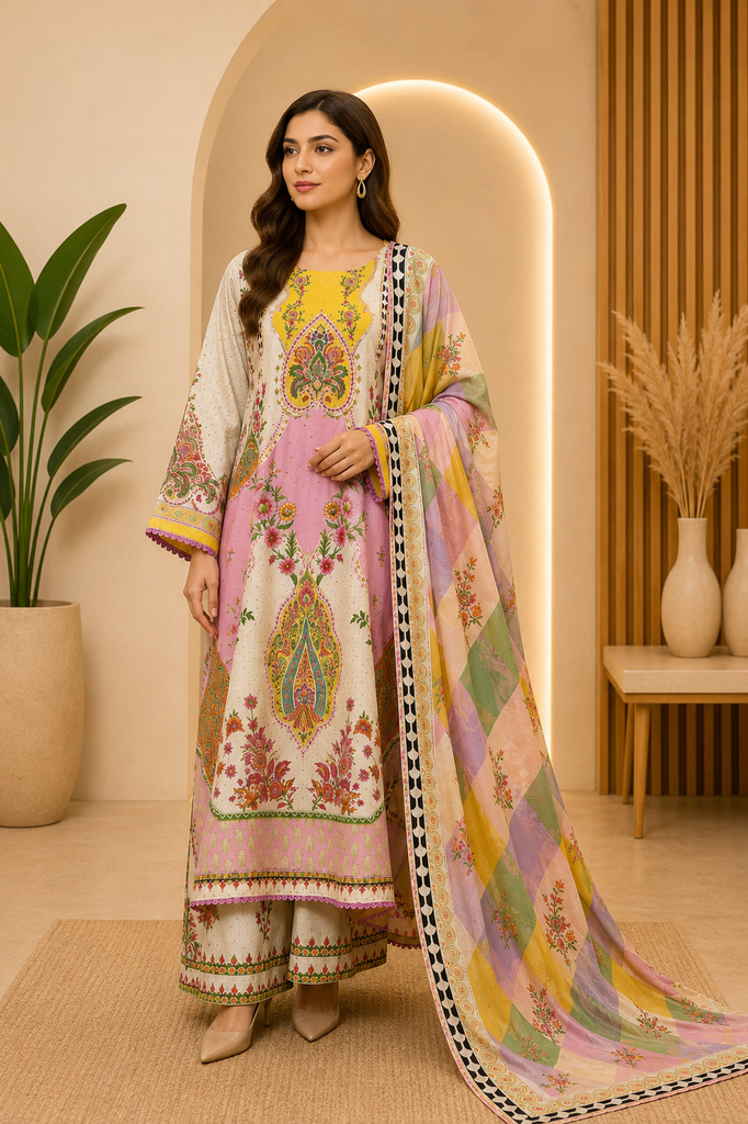 Pastel Bloom Printed Lawn 3 Piece Suit with Multicolor Dupatta