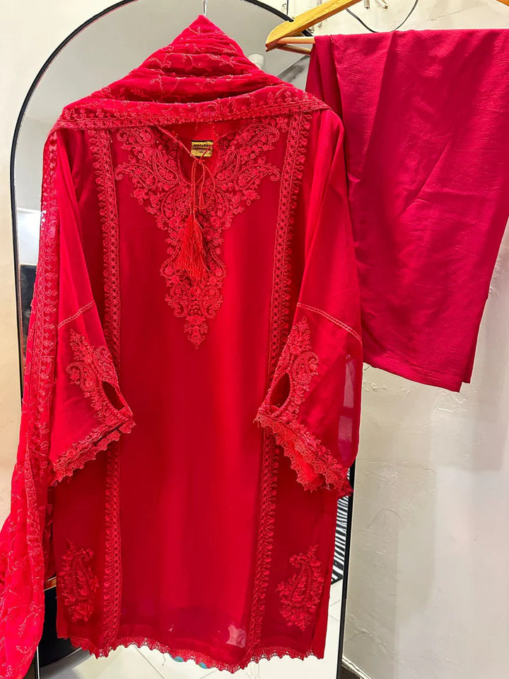 “Luxury green Embroidered Chiffon 3-Piece Suit with Dupatta”