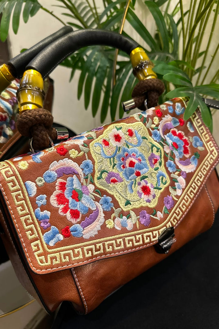 Vintage Brown Floral Embroidered Bamboo Handle Satchel Bag