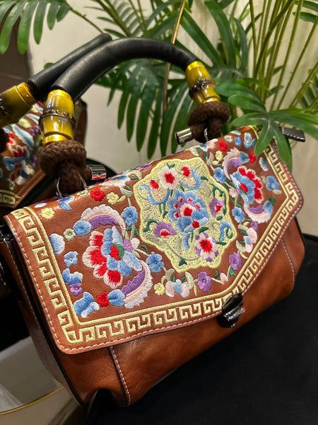 Vintage Brown Floral Embroidered Bamboo Handle Satchel Bag