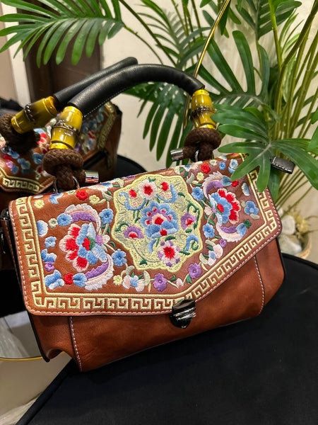 Vintage Brown Floral Embroidered Bamboo Handle Satchel Bag
