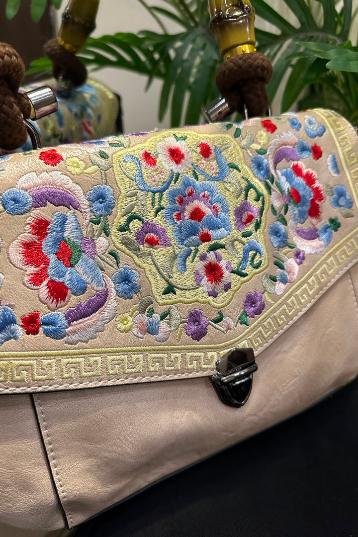 Elegant Beige Floral Embroidered Bamboo Handle Satchel Bag