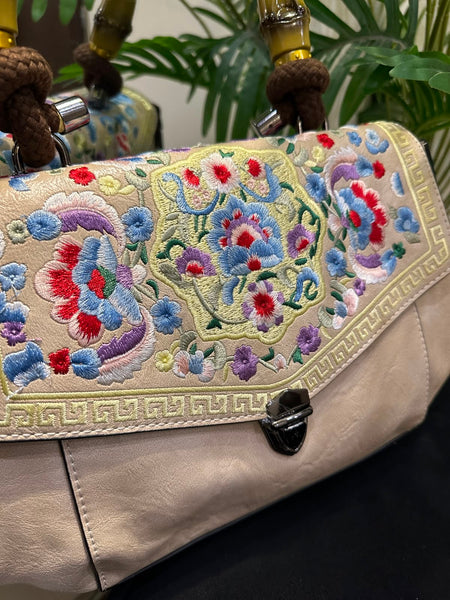 Elegant Beige Floral Embroidered Bamboo Handle Satchel Bag