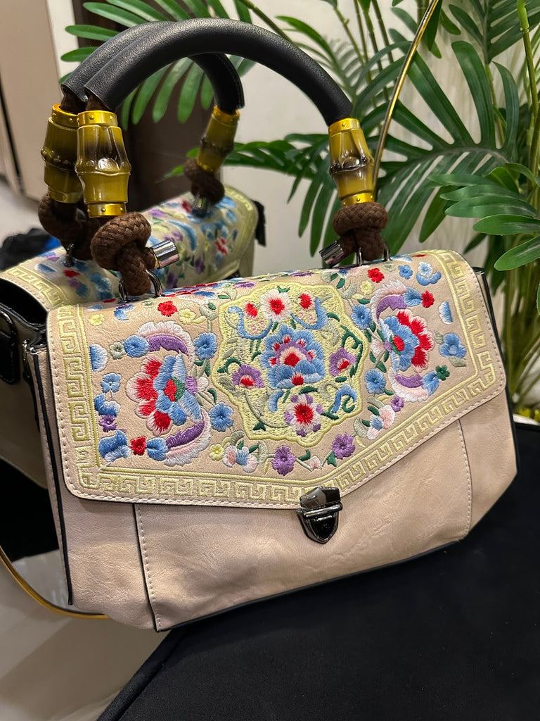 Elegant Beige Floral Embroidered Bamboo Handle Satchel Bag