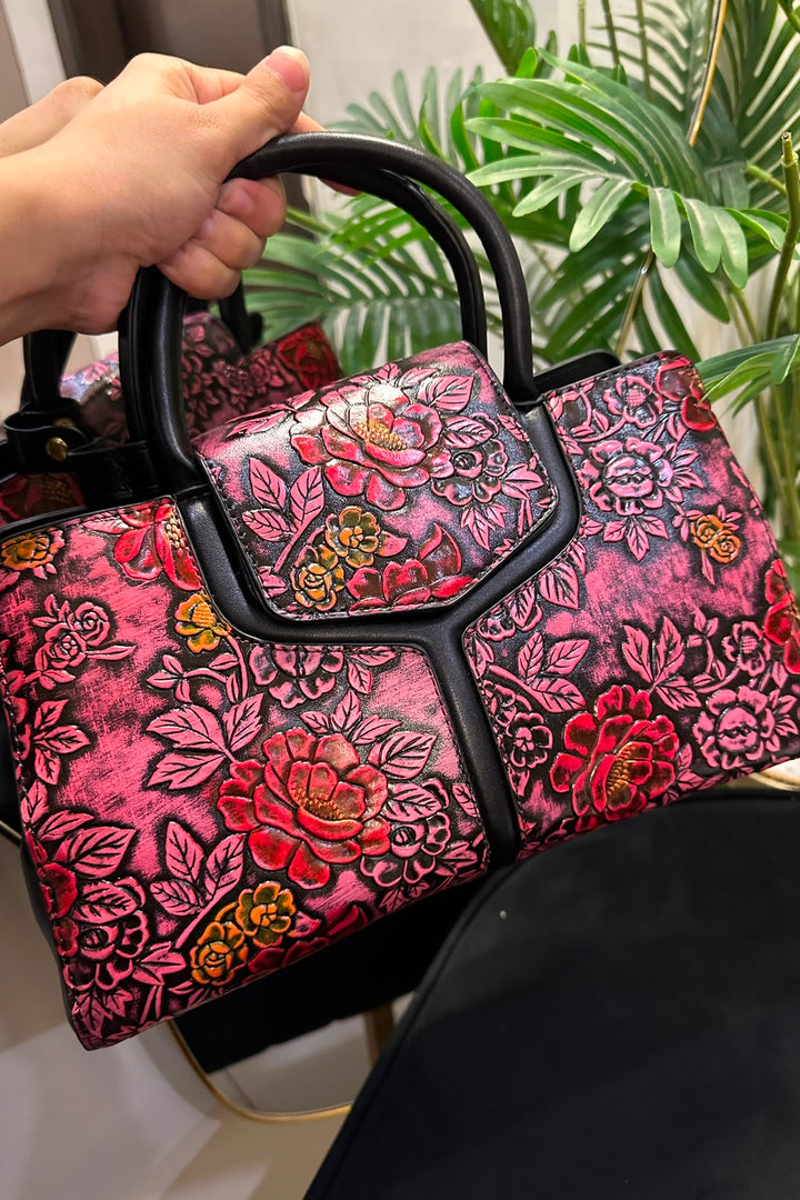 Elegant Floral Embossed Structured Handbag – Pink & Black