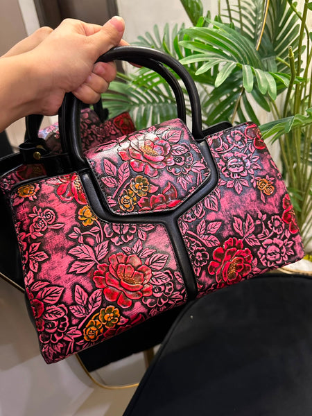 Elegant Floral Embossed Structured Handbag – Pink & Black