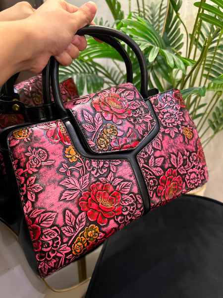 Elegant Floral Embossed Structured Handbag – Pink & Black