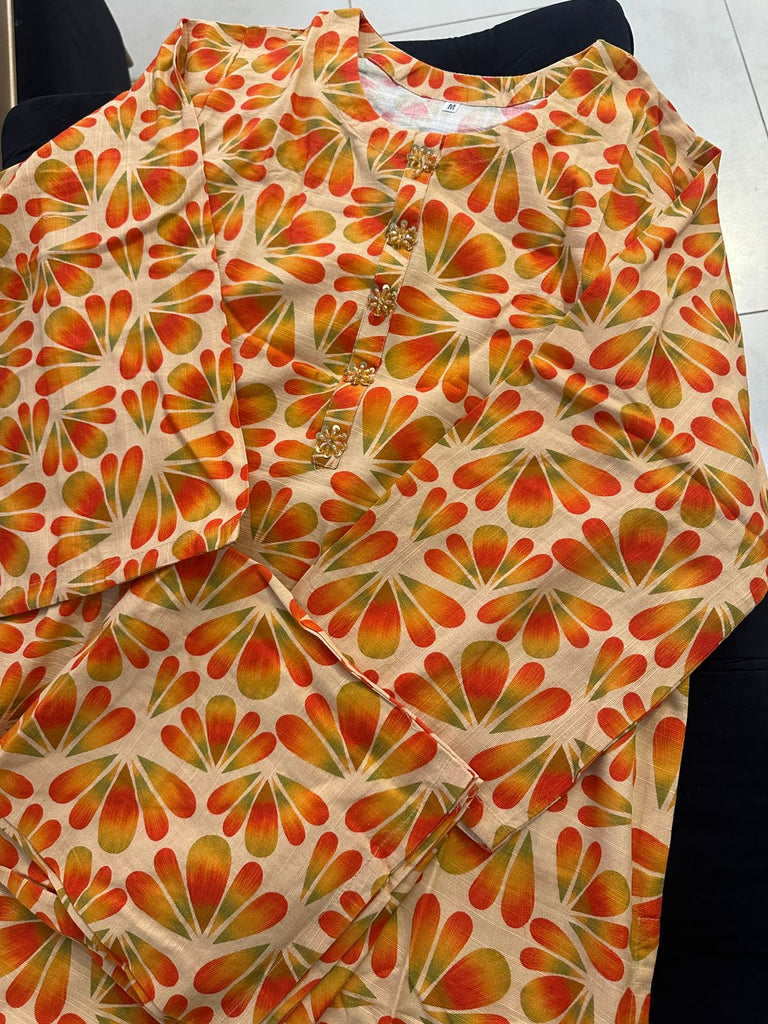 “Floral Abstract Printed 2-Piece khadar Suit – Orange & Green”