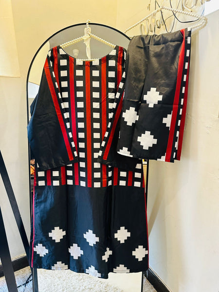 Black & Red Geometric Printed 2-Piece silk creape Suit”