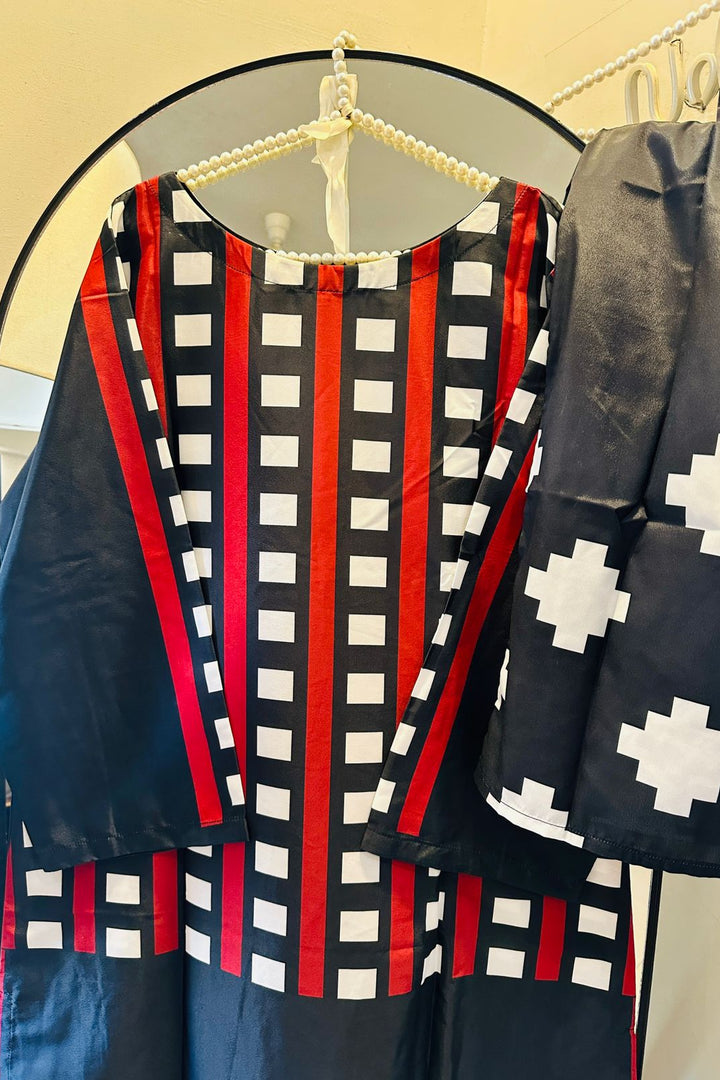 Black & Red Geometric Printed 2-Piece silk creape Suit”