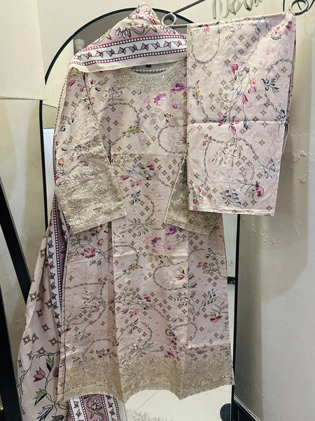 Premium Beige Floral Embroidered Khaddar 3-Piece Suit