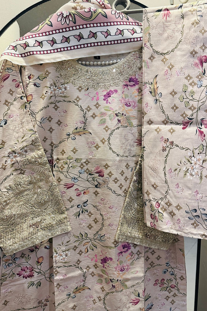 Premium Beige Floral Embroidered Khaddar 3-Piece Suit