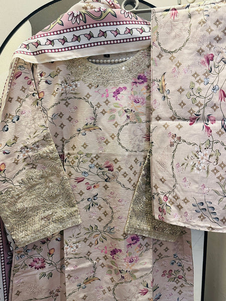 Premium Beige Floral Embroidered Khaddar 3-Piece Suit