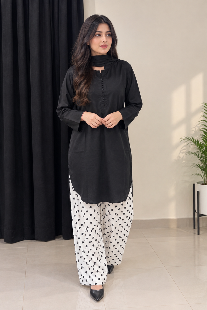 Design-1 Black Silk Shirt with Printed farshi Shalwar – 2 Piece