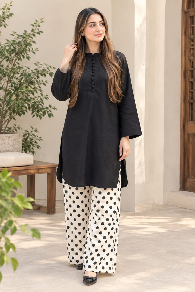 Design-2 Black Silk Shirt with Printed farshi Shalwar – 2 Piece
