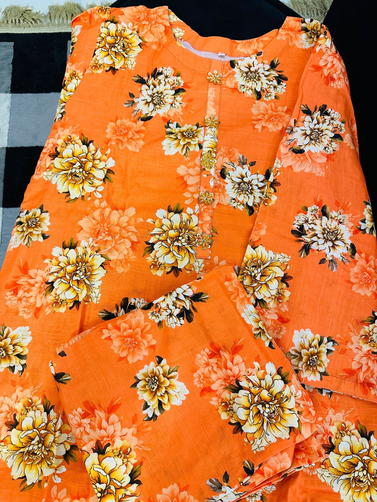 Orange Floral Winter 2-Piece Khaddar Set