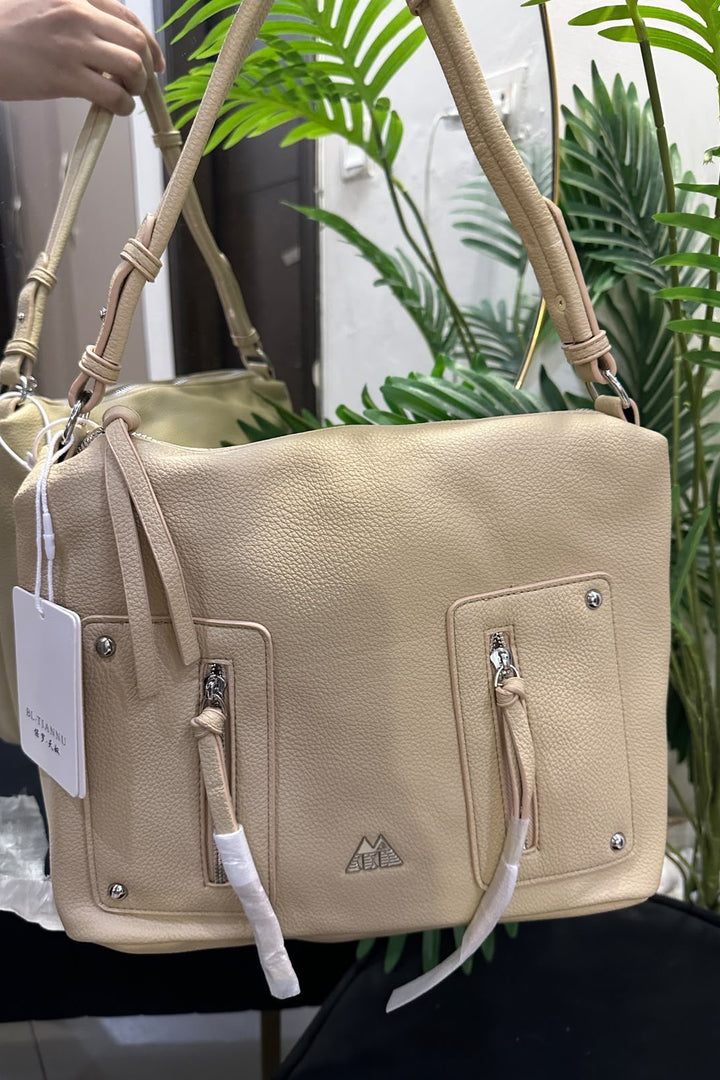 Elegant Textured Shoulder Handbag – Beige
