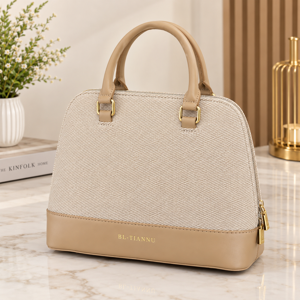 Elegant Structured Top-Handle Handbag – Beige & Cream (6612 skin)
