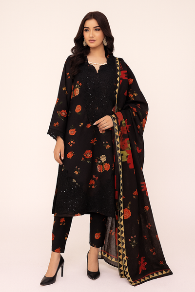 Title: Midnight Bloom – Black Floral Embroidered 3-Piece Set